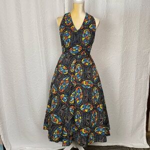 Stunning Vintage Hand Made Stained Glass African Wax Print Pinup Halter Dress
